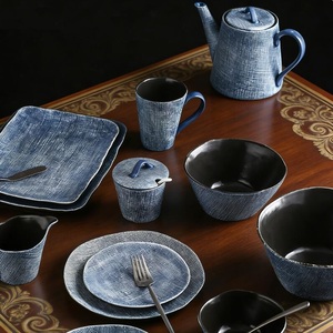 Modern Cartoon <b>Dinnerware</b> <b>Sets</b> Nordic Denim Textured Tableware Creative Salad Bowl Dinner Plates Blue Ceramic Dishwasher Safe - Product Image 3