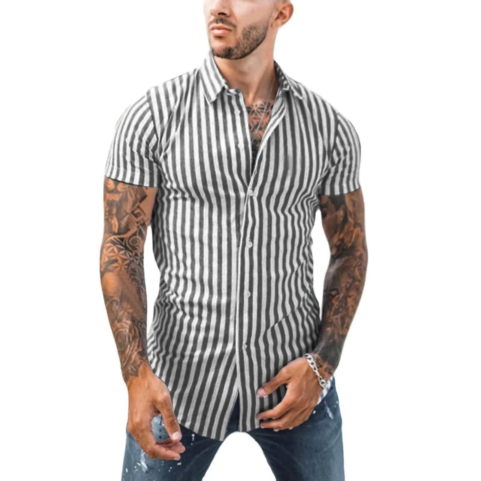 Cheap Quality 30%cotton 70%polyester Short Sleeve Vertical Striped Shirt For Man
