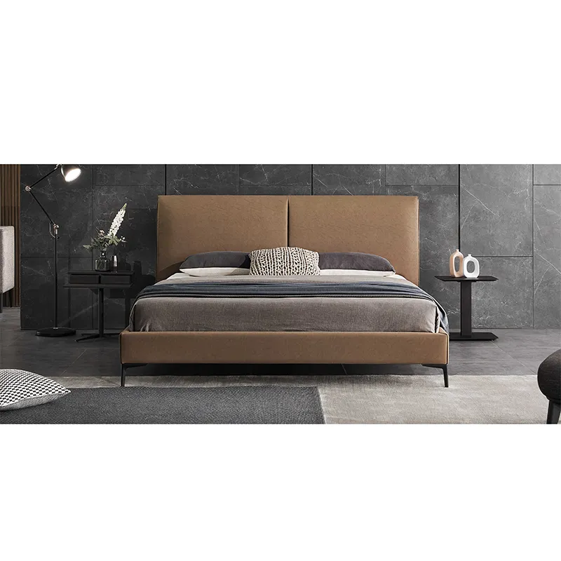 Luxury modern bedroom furniture set solid wood frame king size bed classic leather color bed for bedroom