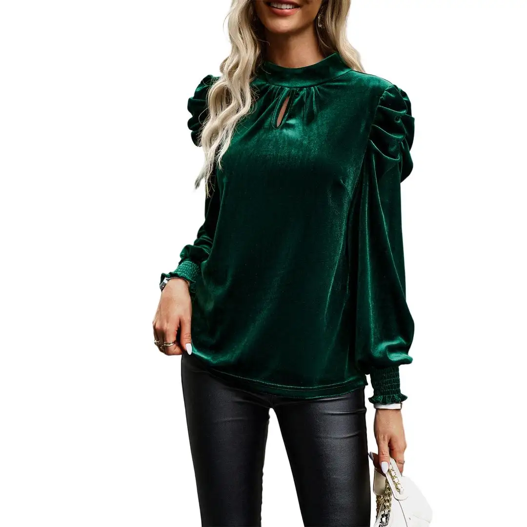 New Trendy Alta Qualidade Outono Inverno Temperamento Comutações Manga Longa Top Elegante Mulher Blusa De Veludo