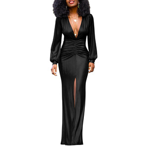 Abito Midi Metallizzato a <span class=keywords><strong>Maniche</strong></span> <span class=keywords><strong>Lunghe</strong></span> da Donna - <span class=keywords><strong>Vestito</strong></span> Aderente con Scollo a V Profondo e Arricciature per Feste Sehe Fashion - Product Image 1