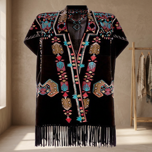 Blusa Boho de Terciopelo Negro Bordada con Flecos y Patrón Geométrico, Corte Holgado, Larga, para Fiesta, Cuello en V, Manga Corta, Talla Única - Product Image 3