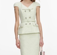 Ensemble élégant en tweed vert menthe 2 pièces : haut à col carré et boutons diamantés, jupe moulante, robe de soirée