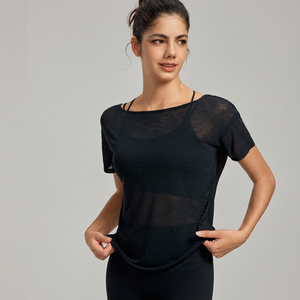 Tops de yoga para mujer al por mayor, con espalda hueca y abertura, transparencias, cuello redondo, de elastano/poliéster, manga corta, ligeros y de secado rápido - Product Image 2