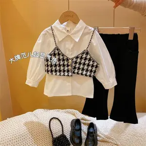 Hàn Quốc mùa thu cô gái kẻ sọc vest áo sơ mi trắng quần 3pcs trang phục trẻ em công chúa phù hợp với trang phục chính thức