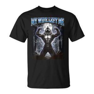 Camiseta con meme de hombre lobo, mi esposa me dejó, negra, unisex para adultos - Product Image 1