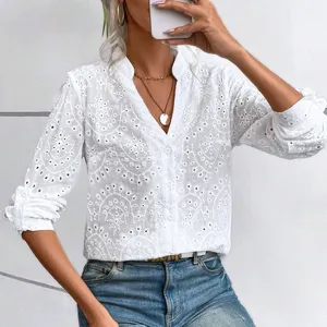 Wholesale V-neck Women Blouse Eyelet Embroidery Roll Up Long Sleeve Notched Neckline Shirt