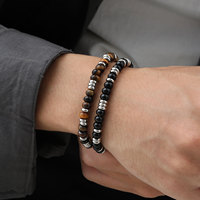 Bracelet perlé pour homme en onyx noir et œil de tigre, bijoux anti-ternissement, cadeaux, bracelet perlé fait main en acier inoxydable
