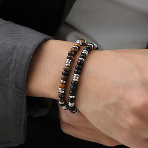 Bracciale da Uomo con Perle in Onice Nero e <span class=keywords><strong>Occhio</strong></span> <span class=keywords><strong>di</strong></span> <span class=keywords><strong>Tigre</strong></span>, Gioielli Antiossidanti, Regalo in Acciaio Inossidabile Fatto a Mano - Product Image 1