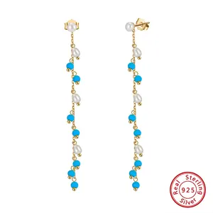 RINNTIN MPE03 Bohemian Style Gold Tone Chain Natural Freshwater Pearl with Turquoise Bead 925 Silver Drops Earrings