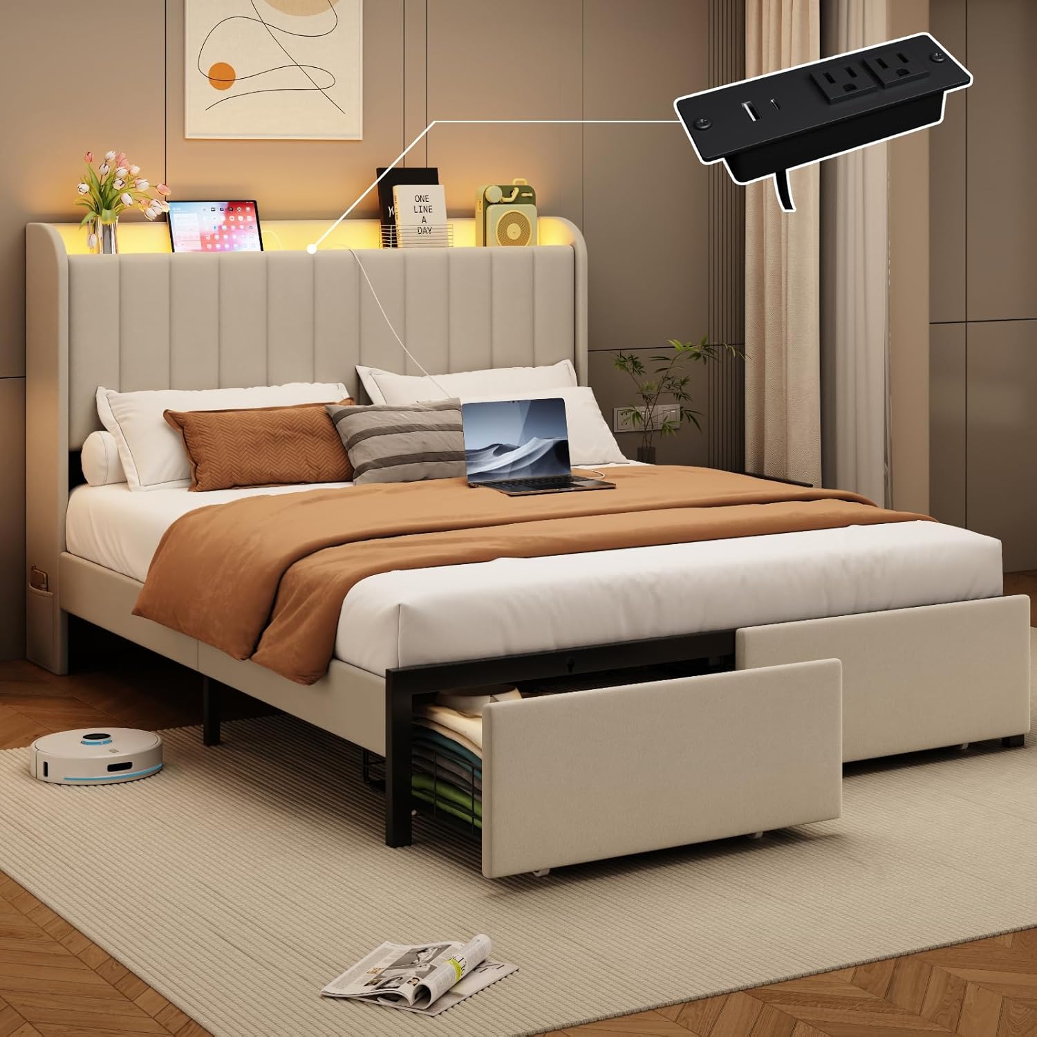 Beige-channel tufted-2 drawers