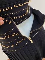 AIMEISI Nouvel ensemble jupe et haut tricoté perlé élégant à manches courtes, taille haute, 2 pièces pour femmes