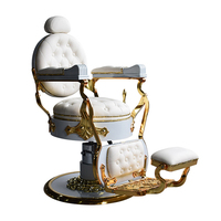 Fauteuil de Barbier Hydraulique de Luxe Vintage Blanc Or pour Salon de Coiffure et Esthétique
