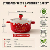 Meilleures ventes d'usine : Bol à soupe en céramique fraise 1L avec couvercle en verre trempé, bol en céramique de qualité alimentaire pour salade, pâtes, céréales