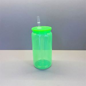 New Arrival Blanks Colored Christmas Glossy 16Oz Solid <b>Plastic</b> Can With Colored Lids and Straw for Dtf Stickers - Product Image 2