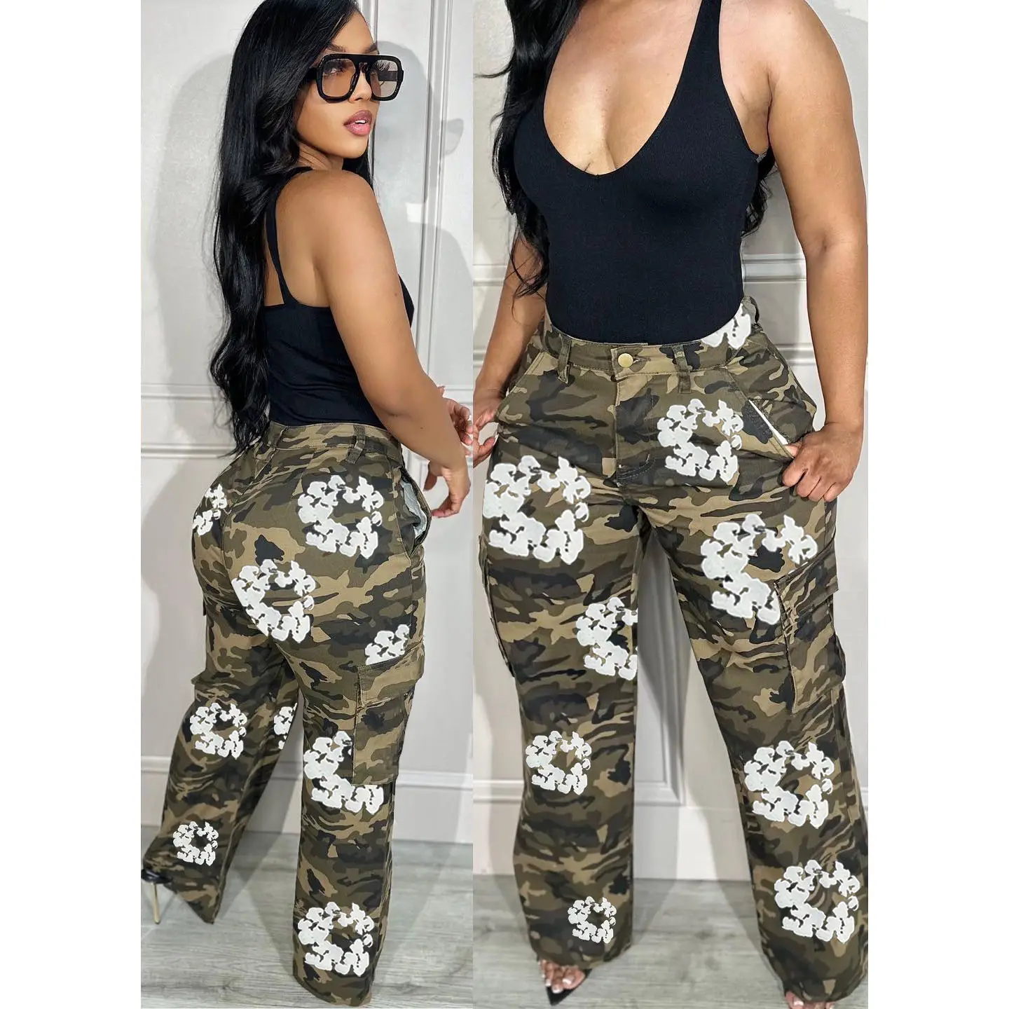2024 printemps Style moderne mode décontracté Streetwear Design de mode dames imprimer Camouflage Cargo pantalon pour les femmes