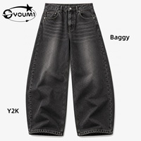 Jeans amples pour hommes YOUMI ODM/OEM avec logo personnalisé, coupe large et incurvée, denim vintage noir gris marbré, pantalon baggy