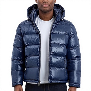 Chaqueta acolchada con capucha azul marino para hombre, con cierre, abrigo de invierno ligero y cálido, ropa exterior acolchada. - Product Image 1