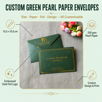 Enveloppe en papier vert nacré 10,5x15,5cm avec texte en feuille d'or, logo personnalisé en relief, impression de luxe, enveloppes en papier cartonné