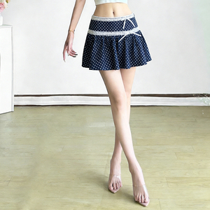 Jupe midi décontractée pour femme à imprimé pois, avec dentelle et nœud, taille basse, coupe trapèze, style doux et tendance - Product Image 6