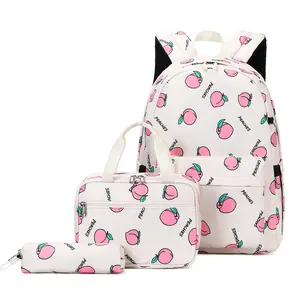 Yeni 3in1 meyve baskı şeftali desenli moda sırt çantası genç kızlar Laptop okul çantası ile öğle yemeği çantası üniversite öğrencisi için