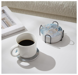 Sous-verres en céramique absorbante en marbre bleu abstrait avec support en liège pour la protection de la table, cadeaux de pendaison de crémaillère, décoration de nouvelle maison - Product Image 4