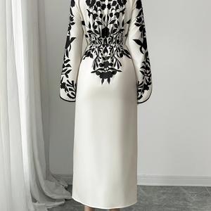 Kadın sonbahar ve kış fransız zarif çiçek baskı resmi ofis elbiseler V boyun yarık uzun elbise kadın abiye - Product Image 3