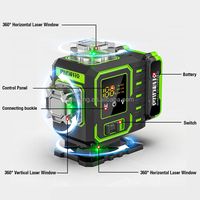 Niveau laser vert 4D 520 nm, 16 lignes, 360 degrés, auto-nivelant, avec batterie 18650, pour usage domestique et construction