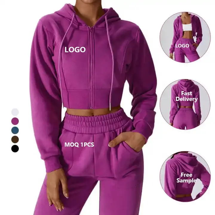 Custom Sportkleding Blank Dames Crop Top Met Rits Hoodies Joggingbroek Joggingset Sweatshirts Met Capuchon Joggingbroek Pak