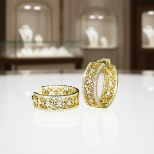 Orecchini a Cerchio Floreali in Oro 18K con Diamanti Naturali Taglio Brillante Rotondo, Gioielli da Sposa, Orecchini Raffinati con Diamanti per Donna - Product Image 2