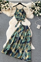 Ensemble 2 pièces pour femmes, imprimé feuilles tropicales, haut court à bretelles et jupe midi fendue, tenue de plage