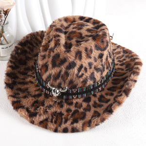 Sombrero de Vaquero de Felpa con Estampado de Leopardo ZhenXi, M56-58cm, con Adorno de Cabeza de Vaca, Estilo Occidental - Product Image 2