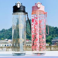 Nouvelle Tasse Spatiale Imprimée Créative et Tendance, Portable, avec Couvercle Pop-up à Touche Unique, Style Dessin Animé, en PC, avec Paille et Sangle de Transport