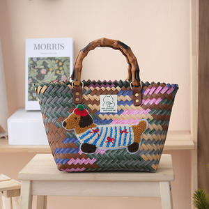 Sac fourre-tout rétro en toile rayée pour femme avec deux poignées en bambou, motif teckel - Product Image 6