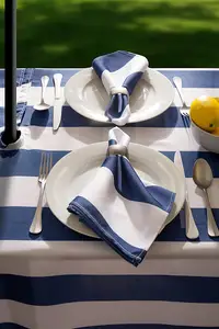 60X120" Water Resistant Custom Printing Polyester Fabric Nautical Blue Stripe Outdoor Tablecloth With Zipper