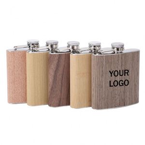 Custom Logo 6oz Stainless Steel Hip Flask Wood Grain <b>Wrap</b> Whiskey Bottle Portable Metal Pocket Liquor Flask for Business Gift - Product Image 1