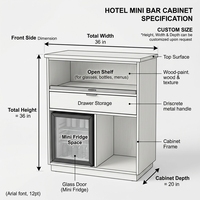 Mini-bar d'hôtel en chêne blanc avec porte vitrée, mini-réfrigérateur, 3 tiroirs, station à thé ouverte, meuble de rangement moderne pour chambre d'hôtes