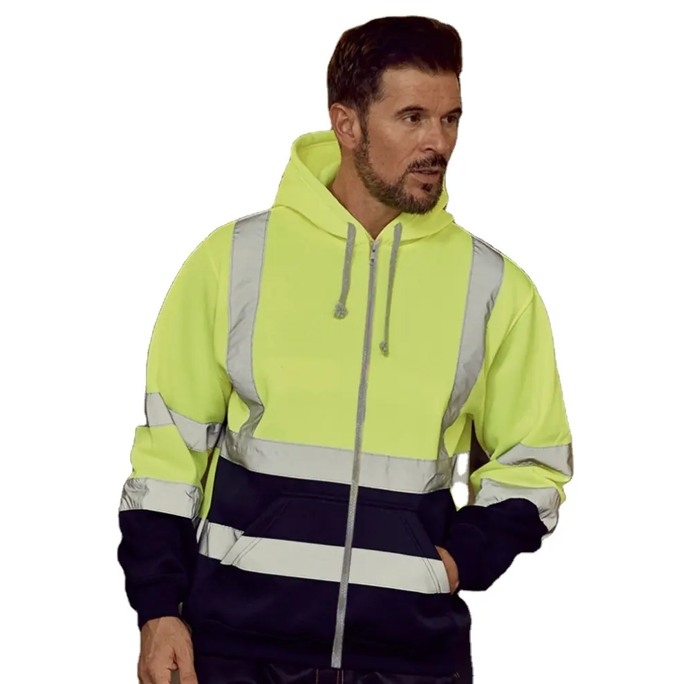 Custom Mannen Hooded Reflecterende Strip Sanitaire Werkkleding Fleece Rits Hi Viz Hoodie