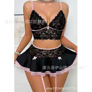 Ensemble de lingerie 2 pièces en dentelle de mousseline blanche respirante taille XXL pour femme, <span class=keywords><strong>mini</strong></span>-jupe transparente, jarretière, nœud décoratif, nuisette sexy, tenue de demoiselle d'honneur - Product Image 5