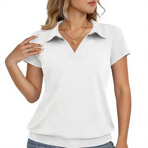 Polo à manches courtes en tricot blanc pour femme, haut décontracté uni - Product Image 1