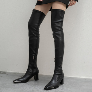 Botas Altas de Charol para Mujer, con Tacón Grueso, Punta Cuadrada Metálica, Cremallera Lateral, Ajustadas al Tobillo - Product Image 1