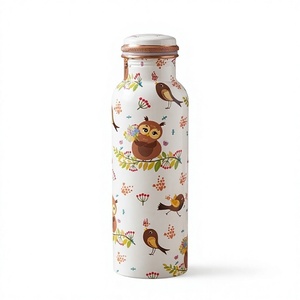 Botella de agua de metal con diseño de búho y pájaros de dibujos animados, con tapa de cobre, artículos de bebida portátiles para viaje - Product Image 1