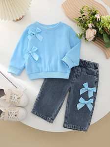 Nouvel ensemble deux pièces pour filles, automne et hiver, sweat-shirt à manches longues uni, décoration en nœud, <span class=keywords><strong>jean</strong></span> - Product Image 2