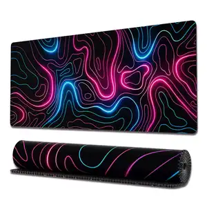 Tapis de souris de jeu grande taille XXL antidérapant en caoutchouc tapis de bureau ordinateur portable tapis topographique rose bleu lignes néon tapis de souris