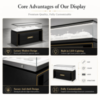 Comptoir de présentation de bijoux de luxe moderne avec éclairage LED, vitrine de vente au détail en verre noir sur mesure pour boutique de bijoux en centre commercial