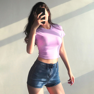 Verano estampado manga corta cuello redondo Crop Tops <span class=keywords><strong>mujer</strong></span> <span class=keywords><strong>ropa</strong></span> <span class=keywords><strong>90s</strong></span> <span class=keywords><strong>Vintage</strong></span> dulce Y2K Harajuku Casual Slim Streetwear ombligo camiseta - Product Image 4