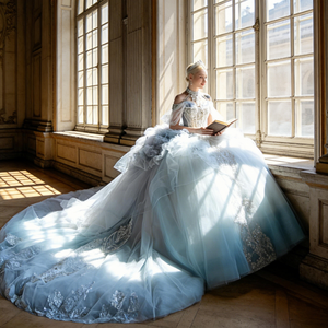 Abito da Sposa Principessa in Fuga con Strascico Reale, Linea A, in Raso Luminoso con Perline, Paillettes, Stampa Floreale, Scollo a V e Senza Maniche - Product Image 5