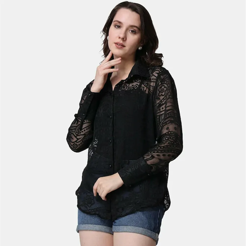Casual Black Net Laces Sheer Textured Long Sleeves Brasso Design Collar Transparent Shirt For Women