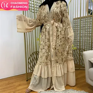 17370# Less quantity chiffon luxury tassel sequins open abaya with 2 layered sleeve muslim women abayas eid