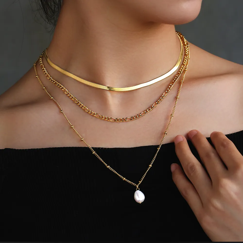 Kalung Rantai Mutiara Wanita, Set Perhiasan Kalung Rantai Figaro Emas Berlapis Tiga Lapis untuk Wanita